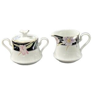 Mikasa Charisma Black Cream and Sugar Bowl with Lid Set Made in Japan L9050